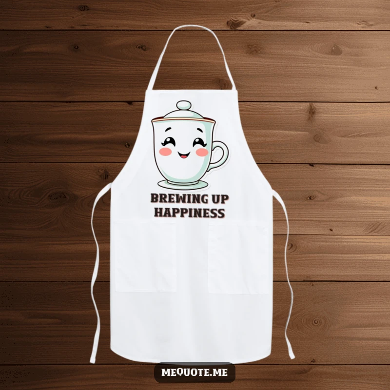 Funny apron for the kitchen with a contented teacup character and a beaming, steamy grin. A humorous cooking accessory gift.