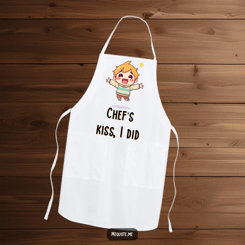 Funny apron with a chef character leaping with excitement, celebrating a successful dish or culinary achievement in the kitchen.