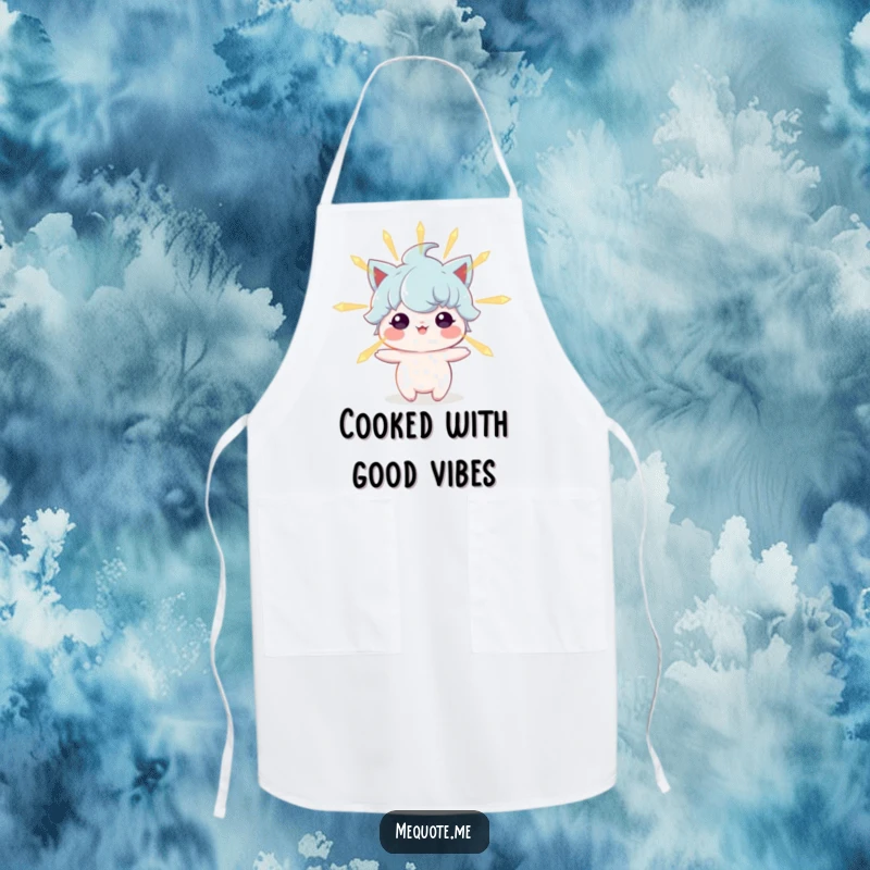 Funny apron featuring a character glowing with positive energy, perfect for chefs who bring good vibes to the kitchen.