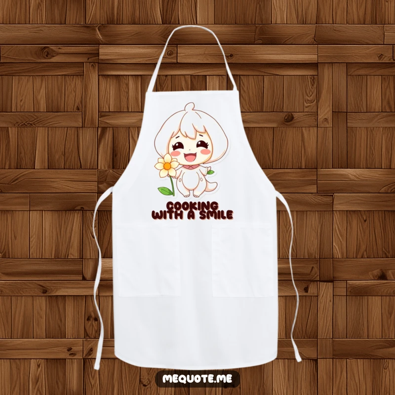 Funny apron showcasing a cheerful character and a blooming flower, perfect for cooks who find joy in creating delicious food.
