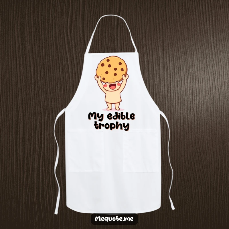 Funny Apron showing a happy character triumphantly holding up a freshly baked cookie, ready for a baking session.