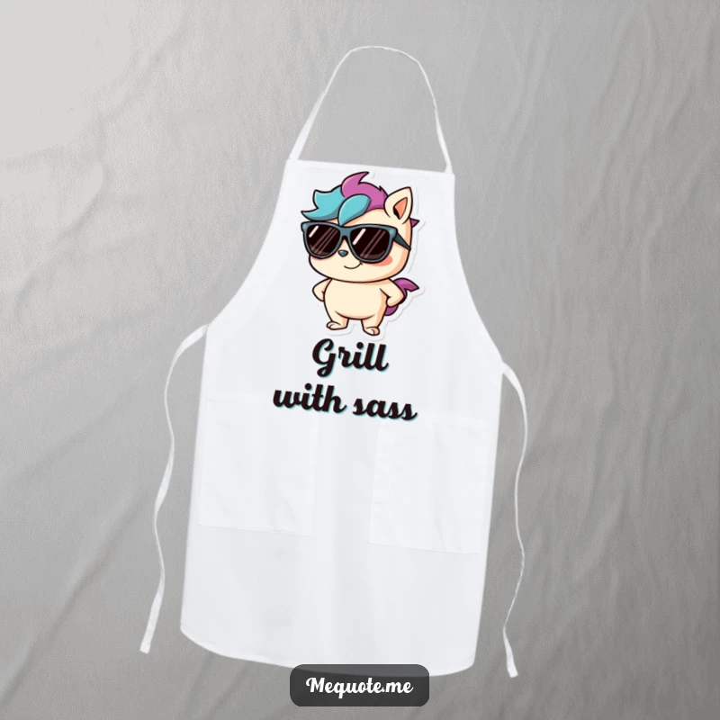 Funny apron depicting a mischievous character wearing sunglasses and a confident smirk, ready to add flair to cooking.