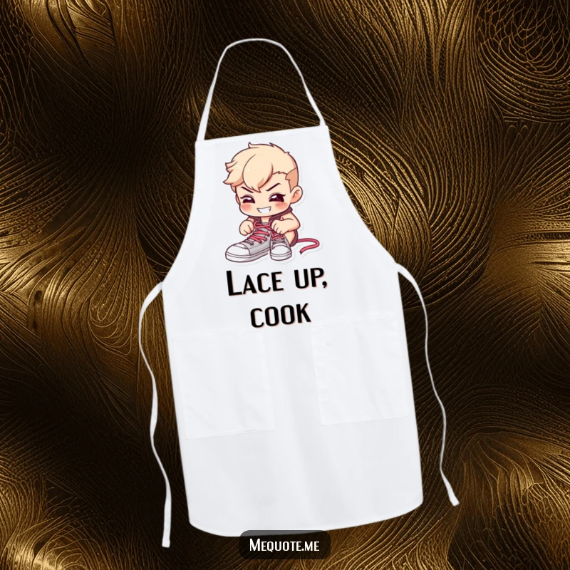 Funny apron depicting a determined character focused on tying shoelaces with a cheerful grin, ready for kitchen tasks.