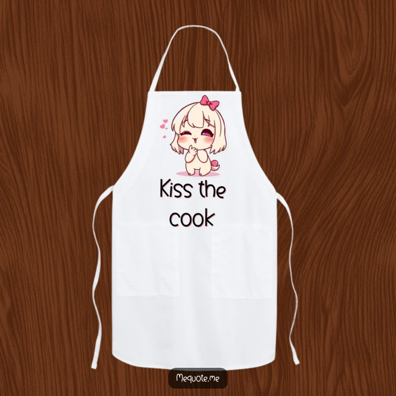 Funny apron showcasing a happy, giggling character blowing a kiss, ready to add fun to any cooking or baking session.