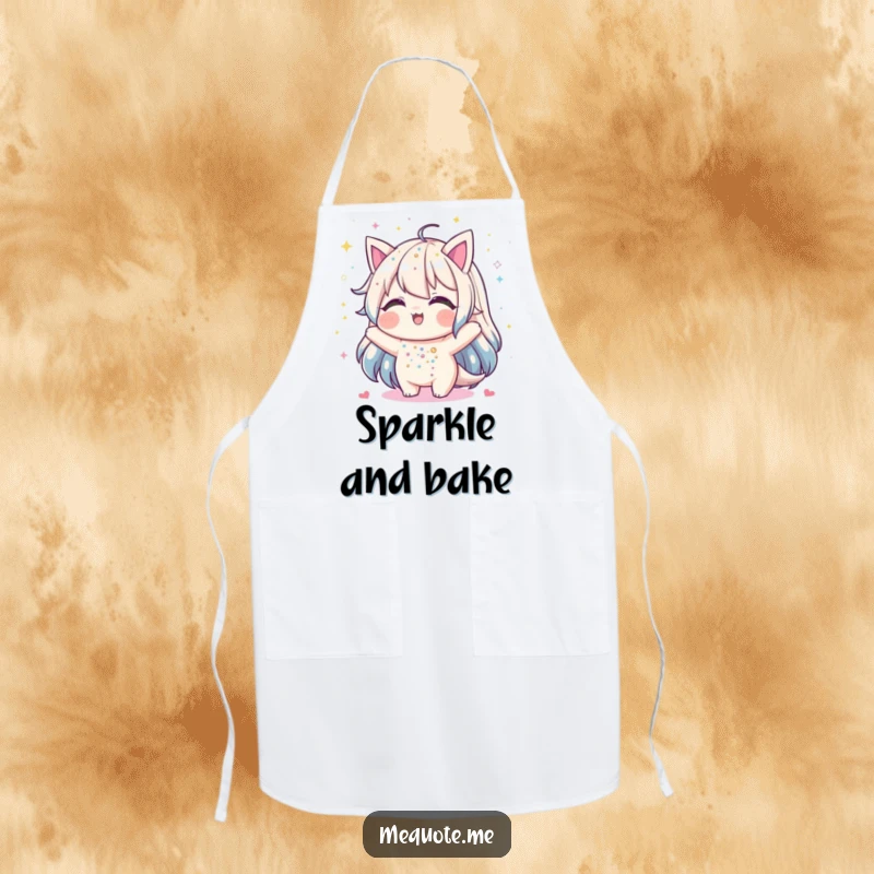Funny apron depicting a character joyfully showering itself with glitter, perfect for adding fun to any kitchen task.