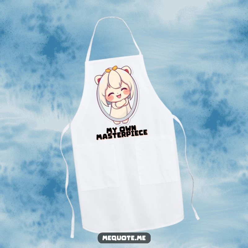 Funny Apron showing a cute character happily embracing its own reflection, perfect for kitchen fun and humorous cooks.