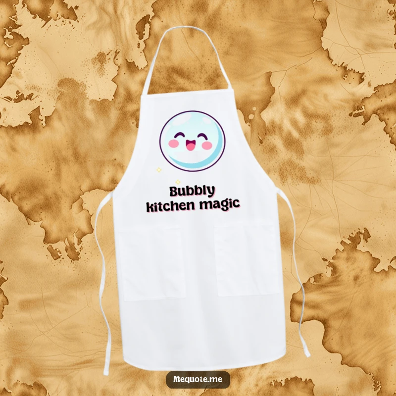 Funny kitchen apron with a bubbly bubble icon character floating with joyful glee, adding cheer to cooking. A humorous accessory gift.