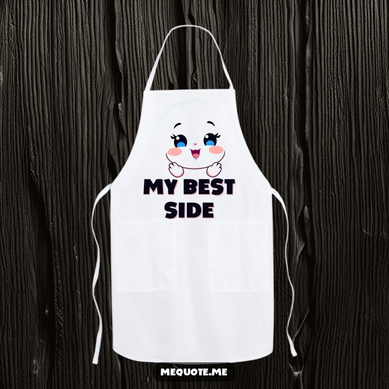 Funny Apron displaying a smiling mirror character radiating pure joy, perfect for happy cooks.