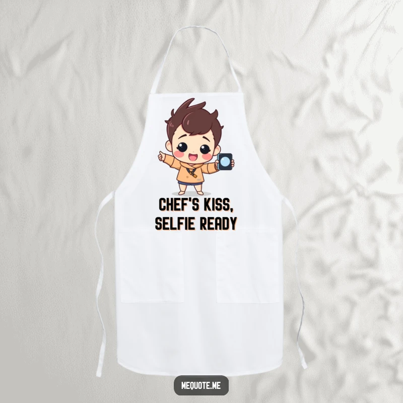 Funny Apron showing a cheerful character striking a proud pose with a selfie stick, ready to make a masterpiece.