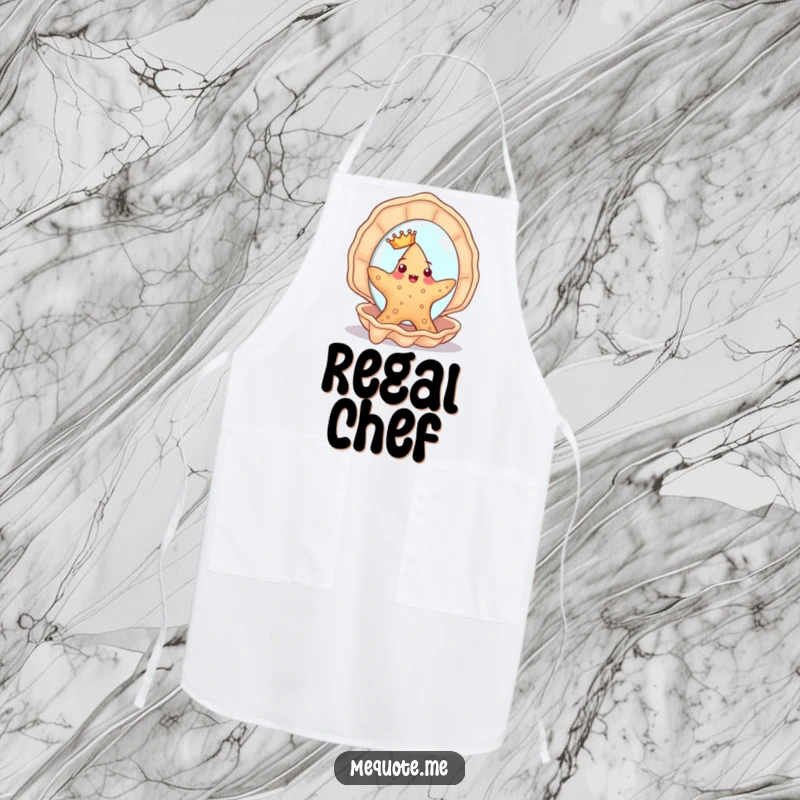 Funny Starfish Apron: A cute starfish character with a crown humorously admires itself in a seashell mirror while cooking.