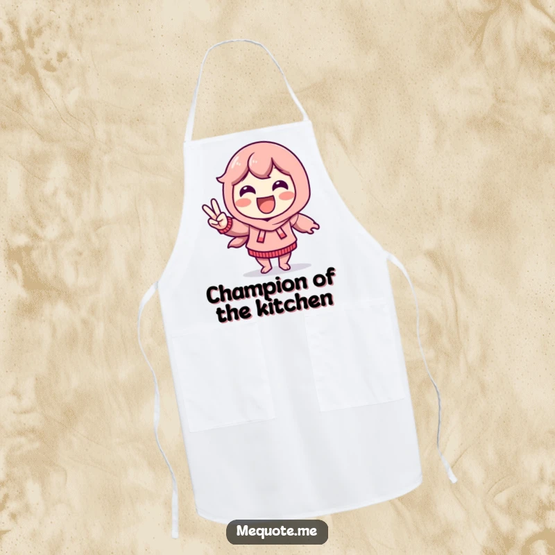 Funny Apron showing a delighted character doing a victory dance and flashing a peace sign, ready for kitchen fun.