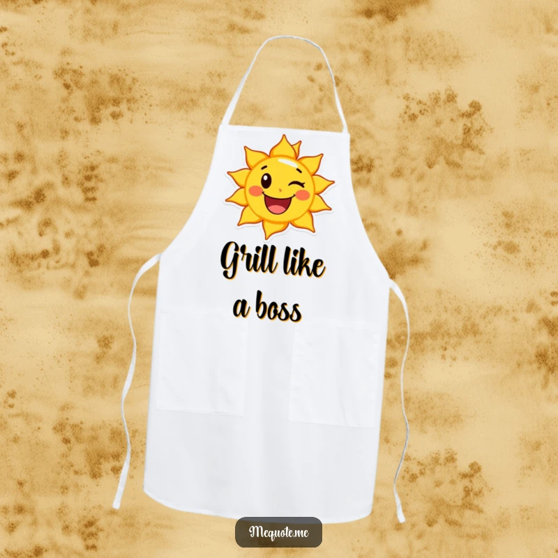 Funny Sun Apron showing a happy sun character giving a cheerful wink, perfect for adding sunny fun to the kitchen.