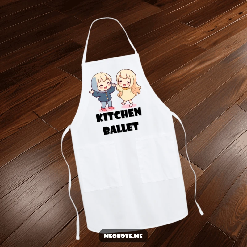 Funny apron showing a playful character doing a silly dance, with its mirror reflection mirroring every fun step.