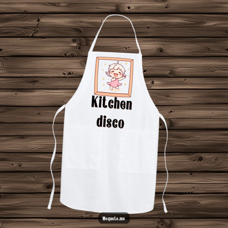 Funny Apron showing a character laughing heartily while dancing playfully in front of a mirror during kitchen tasks.