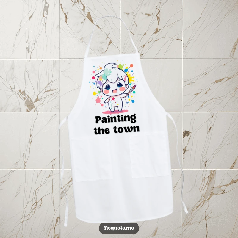 Funny artist apron with a delighted paintbrush character actively splattering vibrant colors. A humorous and practical gift.