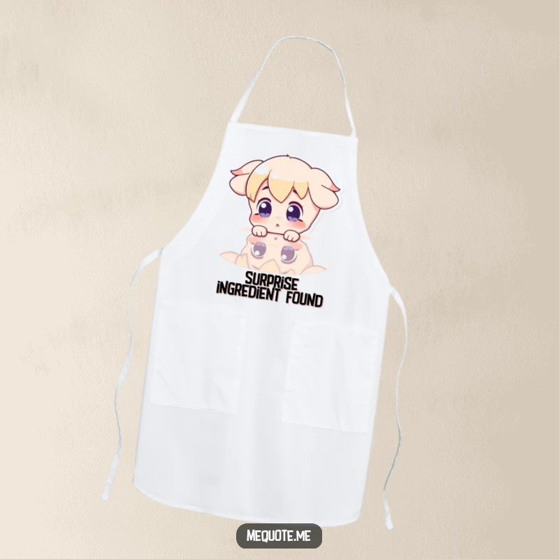 Funny Apron showing a surprised character gazing at its reflection in a shiny surface, ready to cook up a surprise.