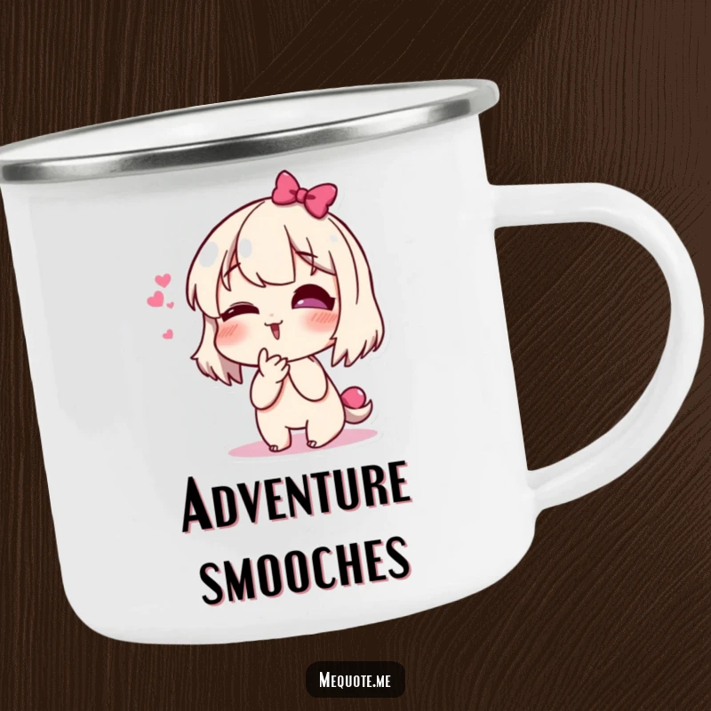 Funny camping mug featuring a cheerful, giggling character blowing a kiss, perfect for adding a smile to outdoor excursions.