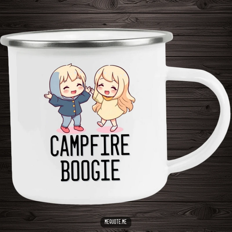 Funny camping mug showing a playful character doing a silly dance, with its mirror reflection joining the outdoor fun.