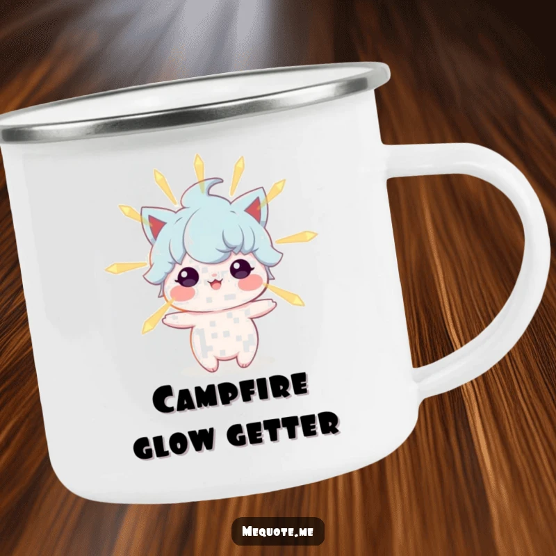 Funny camping mug with a character radiating a soft glow, perfect for enjoying drinks outdoors while embracing positive energy.