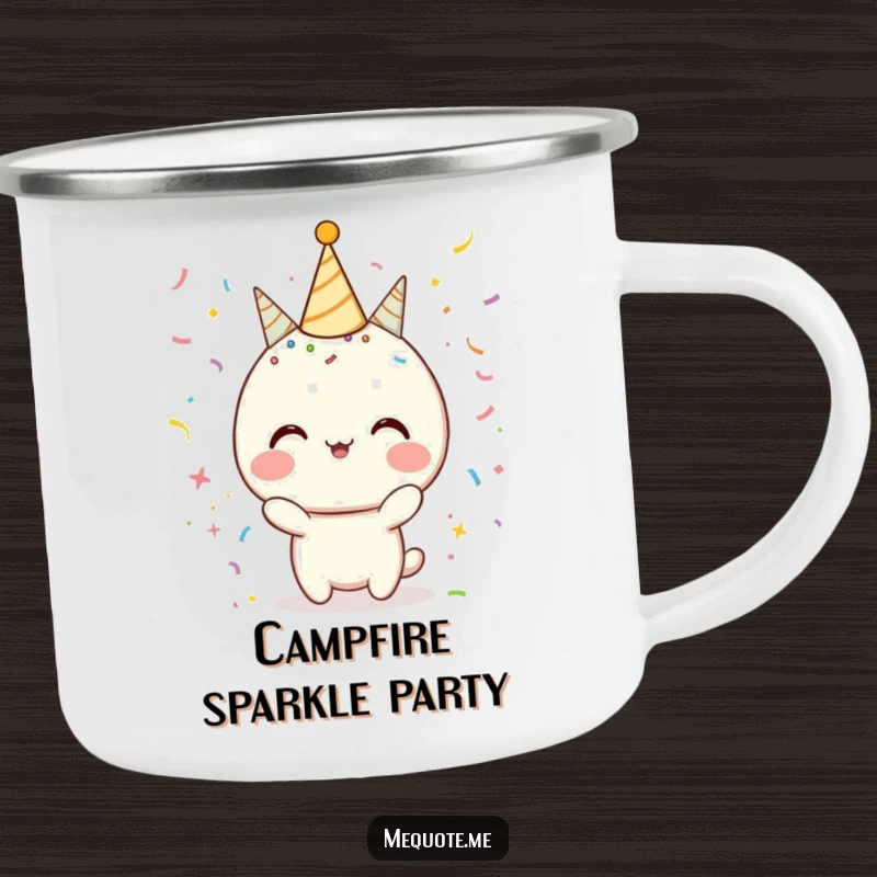 Funny Camping Mug with a character surrounded by confetti and sparkles, adding a festive touch to outdoor activities.