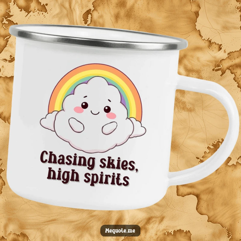 Funny camping mug: A smiling cloud character hugging a bright rainbow, ready for outdoor adventures and warm drinks.