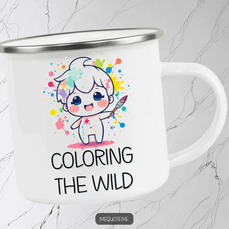 Funny enamel camping mug with a delighted paintbrush character splattering colorful paint, built for adventure. A humorous outdoor gift.