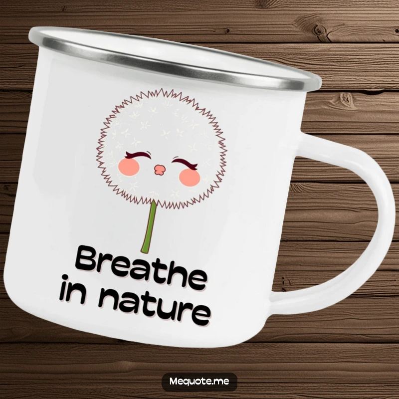 Funny Dandelion Camping Mug depicting a cute puff character blowing kisses, perfect for enjoying nature with a sweet touch.