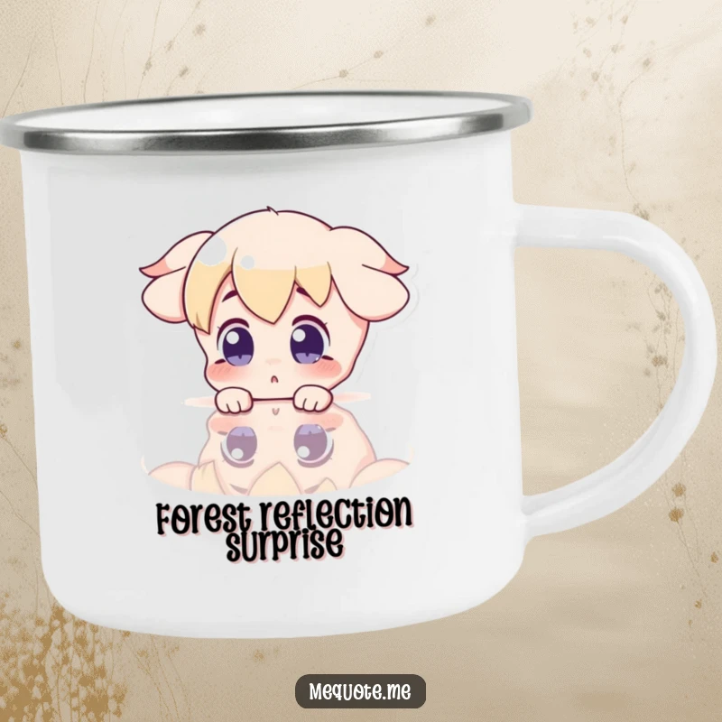 Funny Camping Mug featuring a surprised character gazing at its reflection in a shiny surface, perfect for outdoor enjoyment.