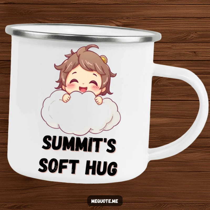 Funny Camping Mug: A smiling character joyfully hugging a cloud, bringing dreamy vibes to outdoor adventures.