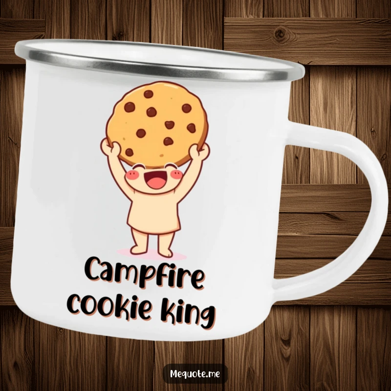 Funny Camping Mug featuring a happy character triumphantly holding a freshly baked cookie, perfect for outdoor enjoyment.