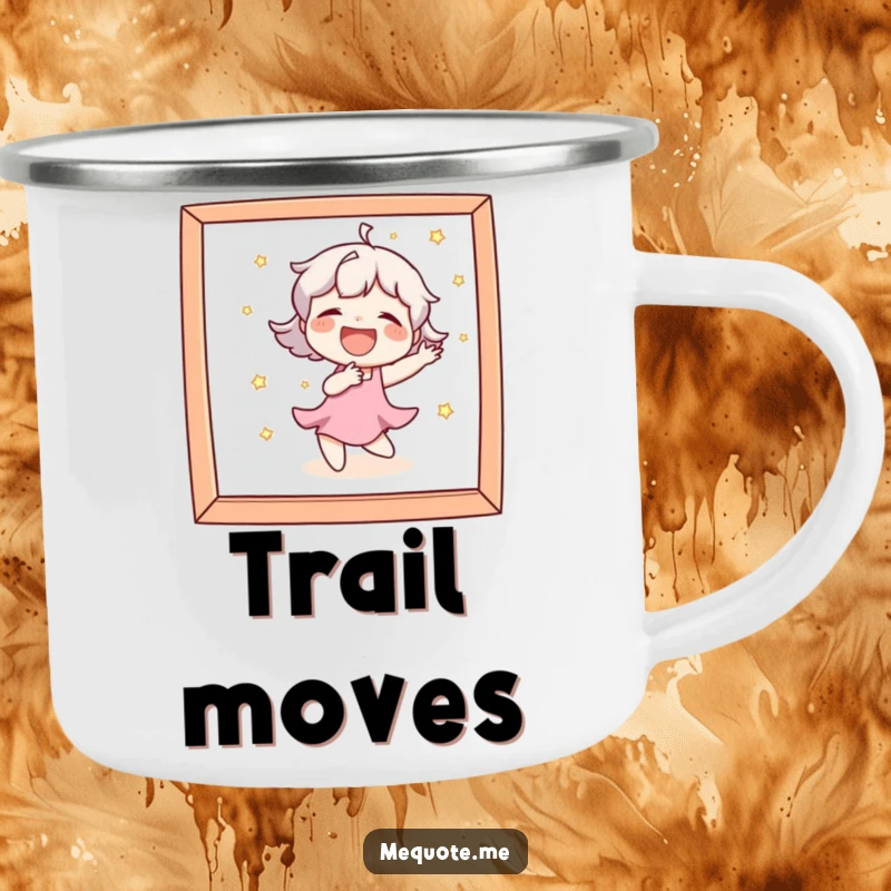 Funny Camping Mug showing a character laughing heartily while dancing playfully in front of a mirror during outdoor activities.