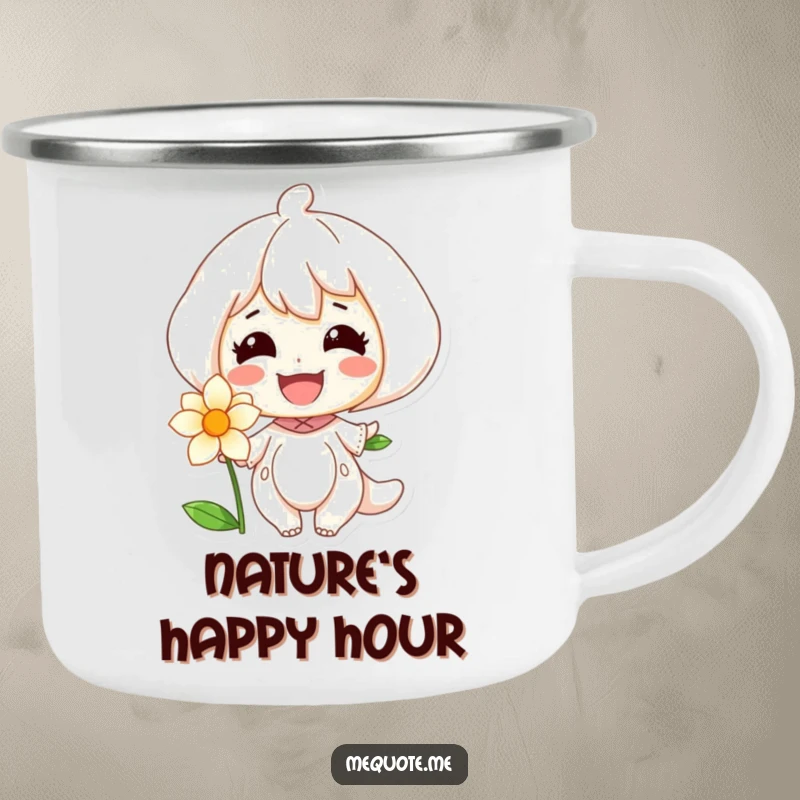 Funny camping mug with a character beaming a smile at a vibrant flower, perfect for outdoor enthusiasts enjoying nature's beauty.