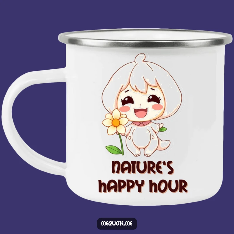 Funny Camping Mug: Smiling Character & Flower, Sip Joy Outdoors!