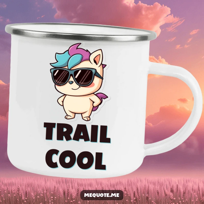 Funny camping mug featuring a mischievous character in sunglasses and a confident smirk, perfect for cool outdoor excursions.