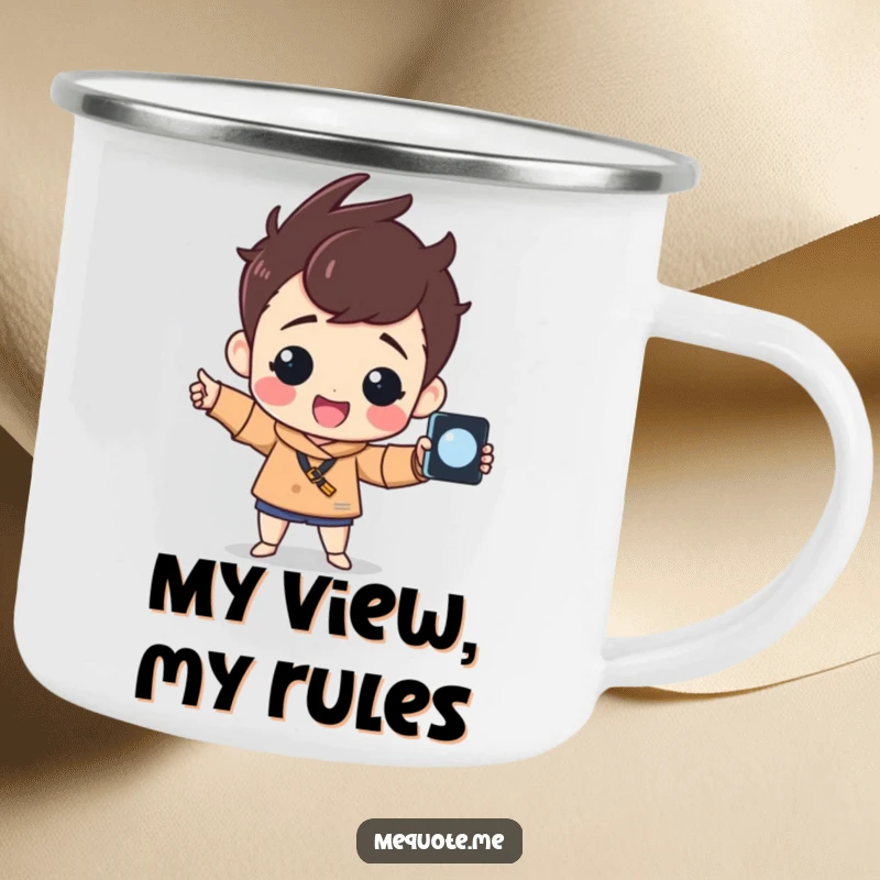Funny Camping Mug with a cheerful character striking a proud pose with a selfie stick, ready for any outdoor escapade.