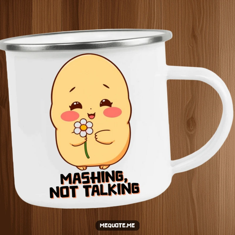 Funny camping mug: A shy, blushing potato character holding a flower, perfect for enjoying drinks outdoors.