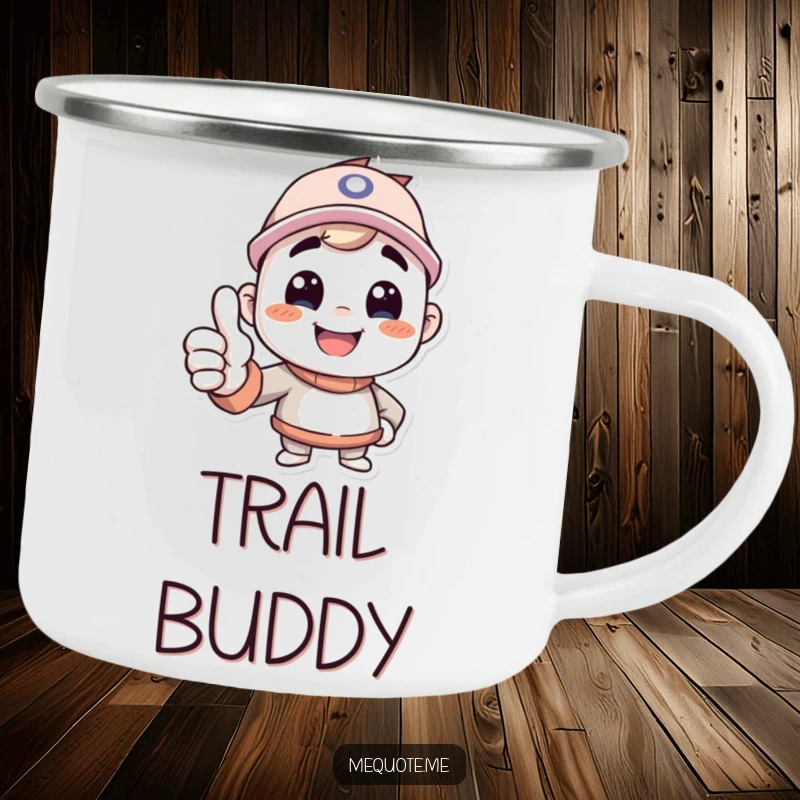 Funny camping mug showing a happy character giving a confident thumbs up to its reflection, ready for outdoor challenges.
