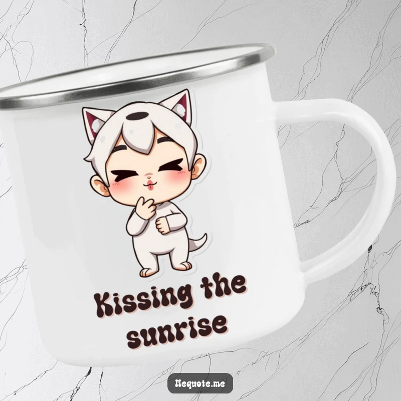 Funny Camping Mug: A mischievous character blowing a kiss, perfect for outdoor greetings, a great funny gift.