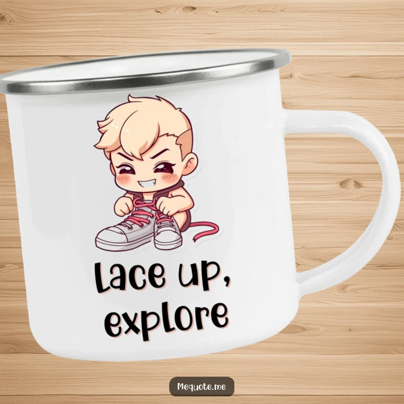 Funny camping mug featuring a determined character tying shoelaces with a focused expression and a happy grin.