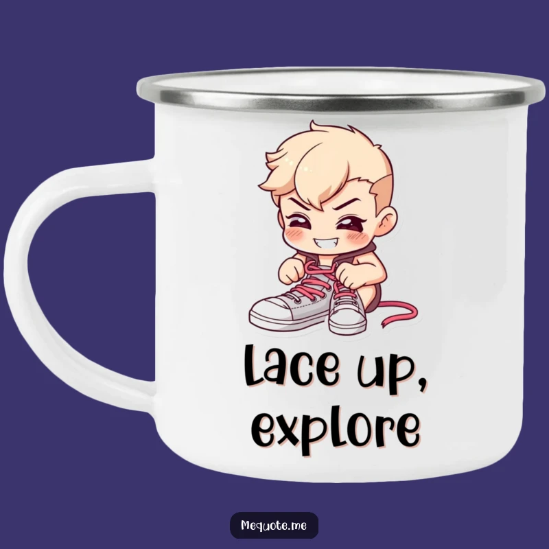 Funny Determined Shoelace Camping Mug: Sip Your Adventure with this Hilarious Grinning Character