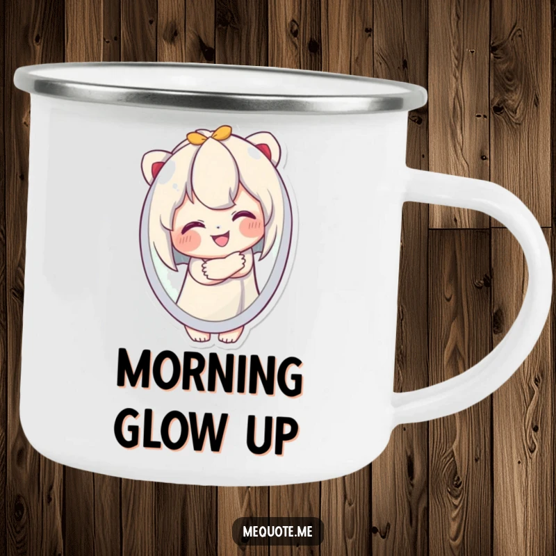 Funny Camping Mug with a cute character happily embracing its own smiling reflection, perfect for outdoor humor and self-appreciation.