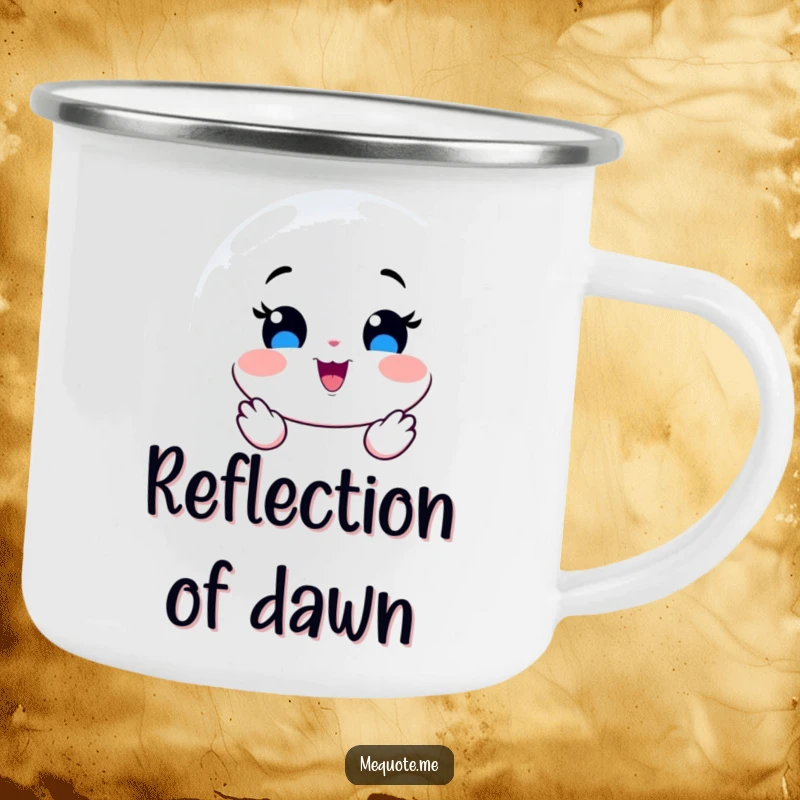 Funny Camping Mug featuring a smiling mirror character reflecting pure joy, perfect for outdoor enthusiasts.