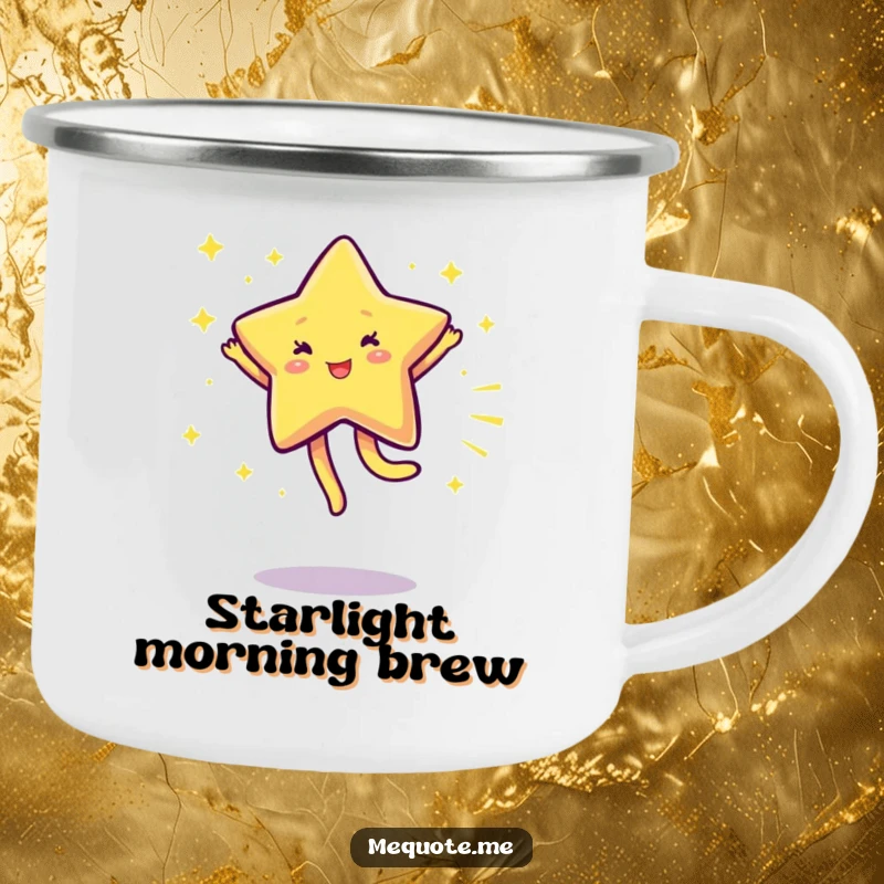 Funny Star Camping Mug depicting a sparkling star character cartwheeling, perfect for energetic moments under the stars.