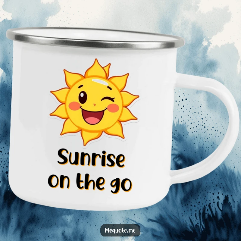 Funny Sun Camping Mug depicting a happy sun character giving a cheerful wink, perfect for enjoying sunny outdoor moments.