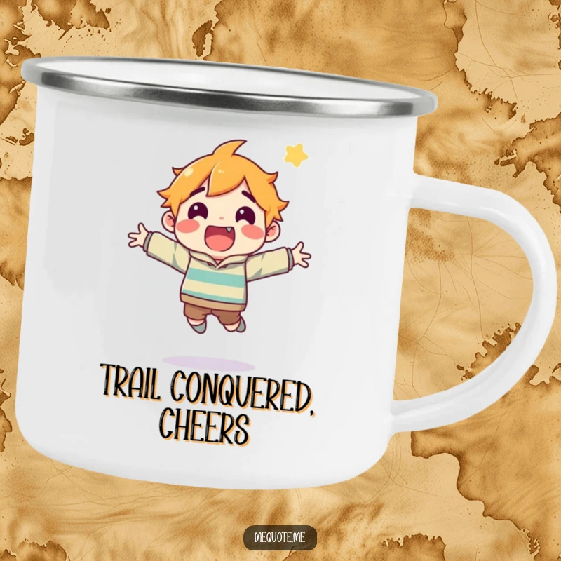 Funny camping mug showing an exhilarated character performing a dynamic jump, perfect for outdoor enthusiasts celebrating nature's wonders.