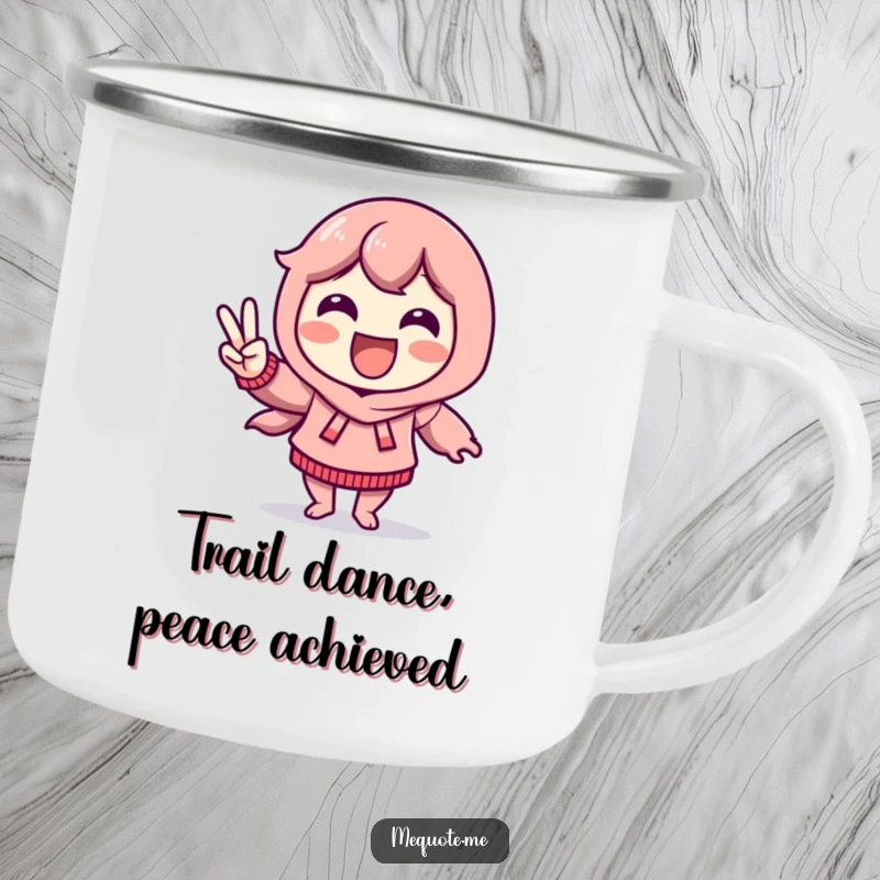 Funny Camping Mug featuring a delighted character doing a victory dance and flashing a peace sign, perfect for outdoor cheer.