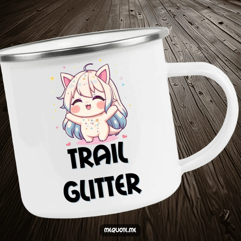 Funny camping mug featuring a character delightedly showering itself with shimmering glitter, perfect for outdoor escapades.