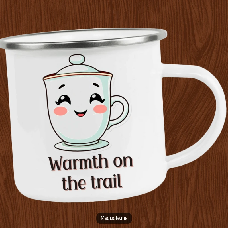 Funny enamel camping mug with a contented teacup character and a happy, steamy grin, built for adventure. A humorous outdoor gift.