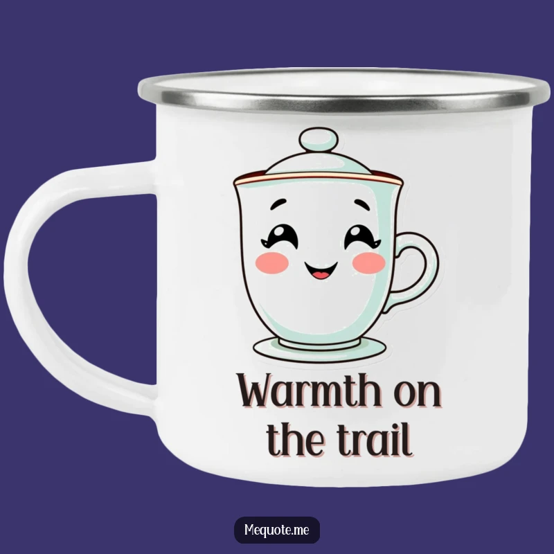 Funny Enamel Teacup Camping Mug: Grinning Character, Perfect Outdoor Humorous Gift