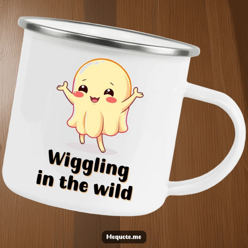 Funny camping mug: A wobbly jelly character doing a silly dance, ready for outdoor fun and drinks.